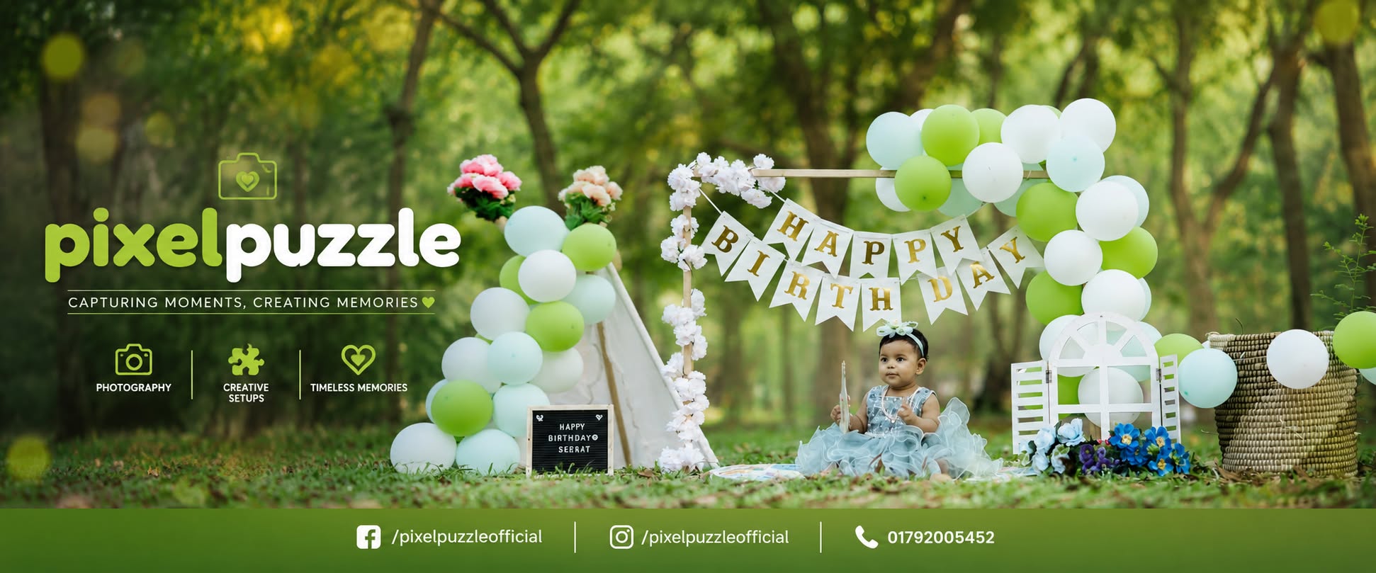PixelPuzzle outdoor birthday theme setup in a green park